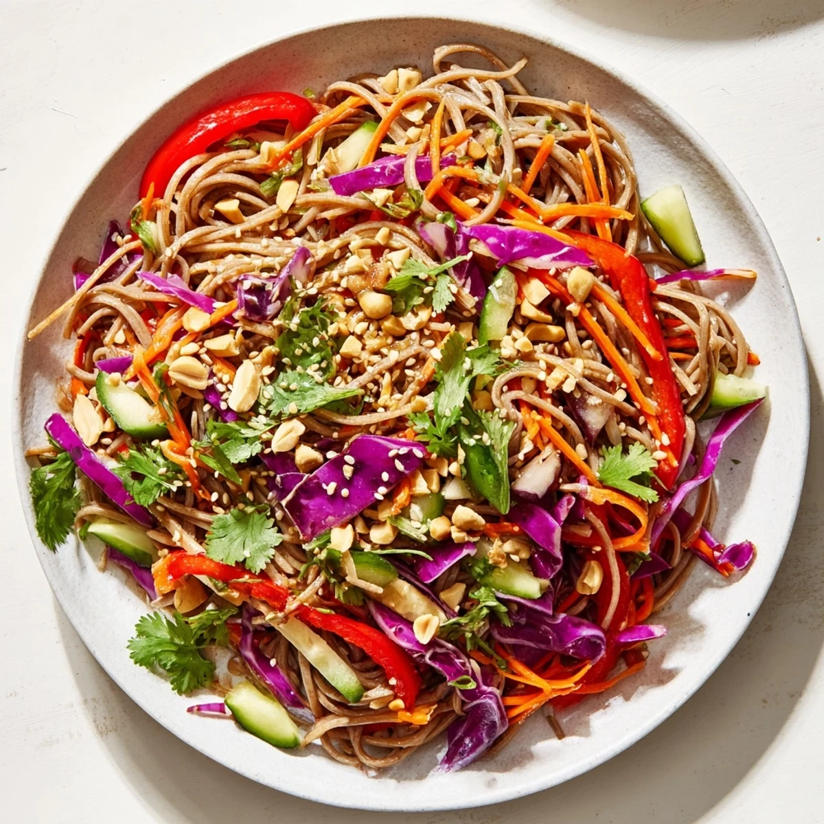 Vibrant image of cold noodle salad with sesame-ginger dressing, garnished with peanuts and sesame seeds.