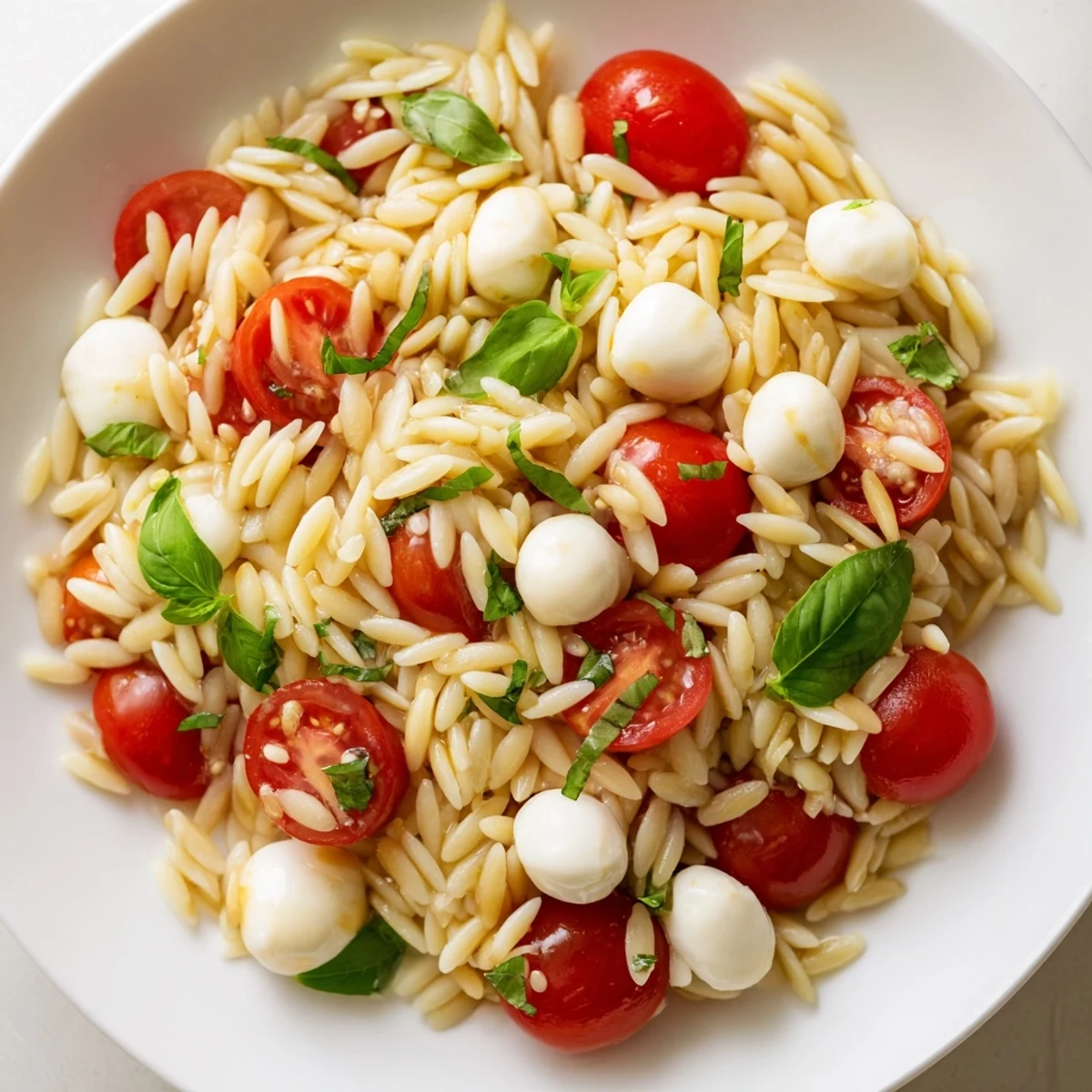 Vibrant Caprese Orzo Salad with juicy tomatoes, creamy mozzarella, and a balsamic vinaigrette ready to serve.