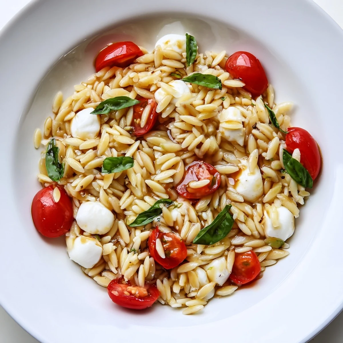 A bright bowl of Caprese Orzo Salad, showcasing orzo, fresh basil, and perfectly ripe cherry tomatoes.