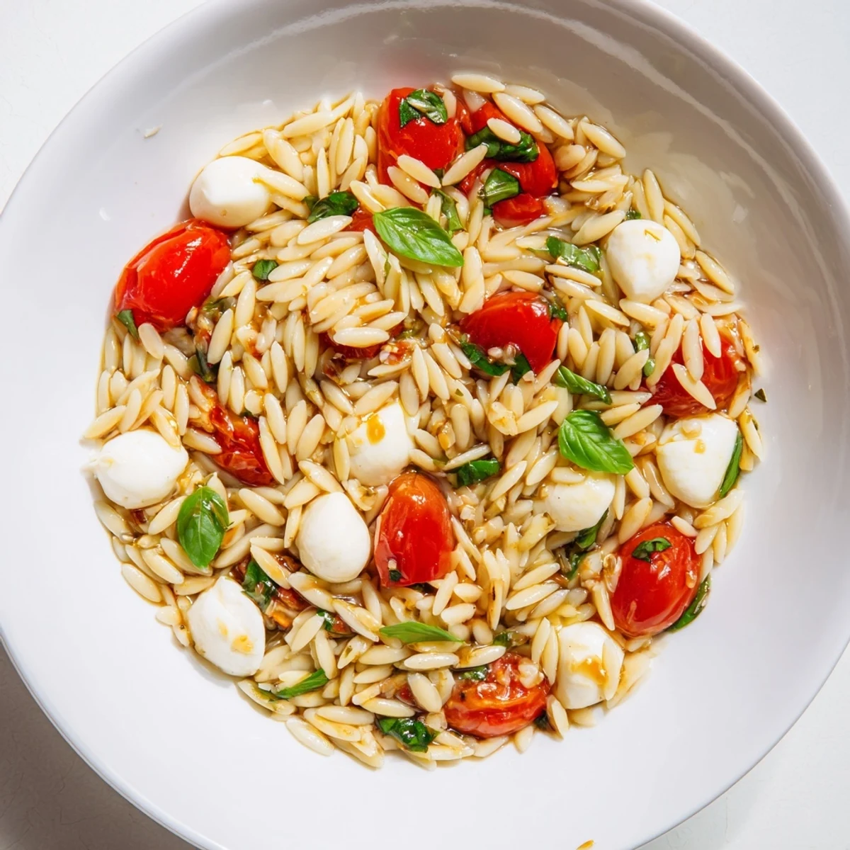 Cool and refreshing Caprese Orzo Salad, an Italian-inspired meal, perfect for a light lunch or summer side.