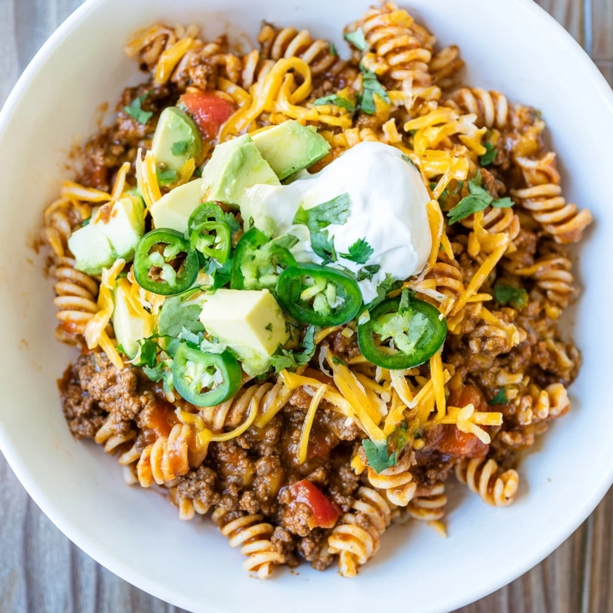 Steaming Beef Taco Pasta Skillet topped with melted cheddar, ready for a comforting meal.