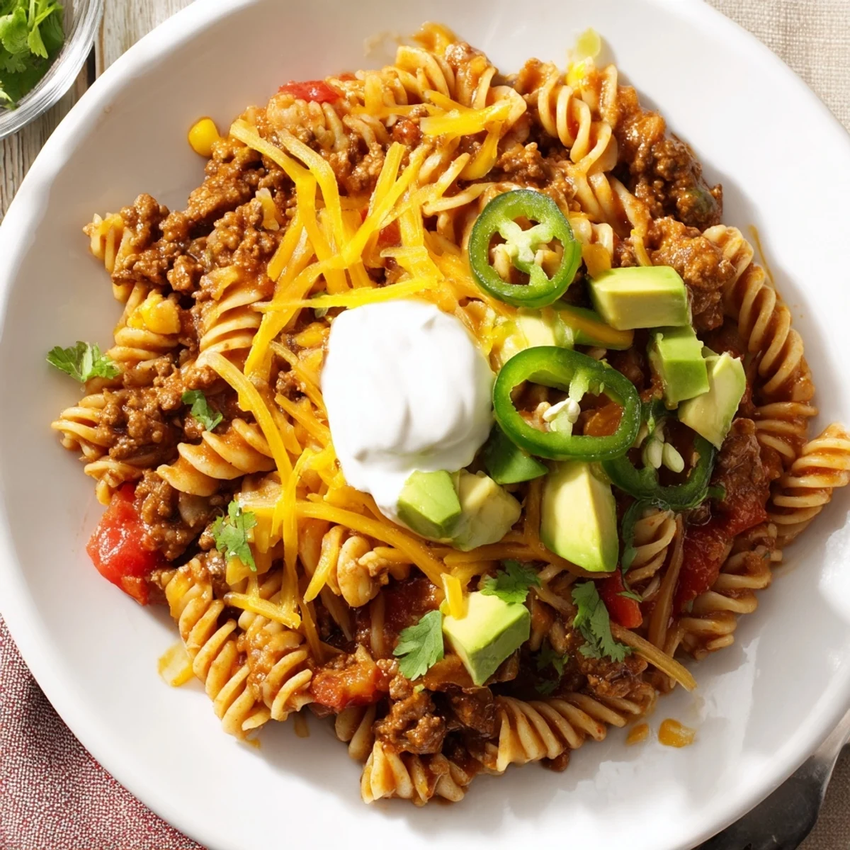 This satisfying Beef Taco Pasta Skillet shows tender pasta and seasoned ground beef; ready to eat.