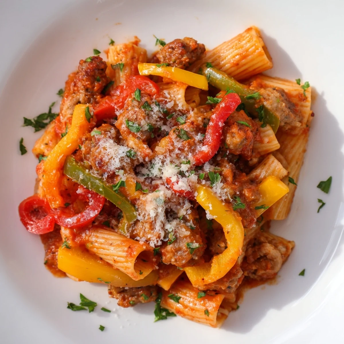 Sausage and Peppers Pasta: A steaming plate with vibrant bell peppers and savory sausage.