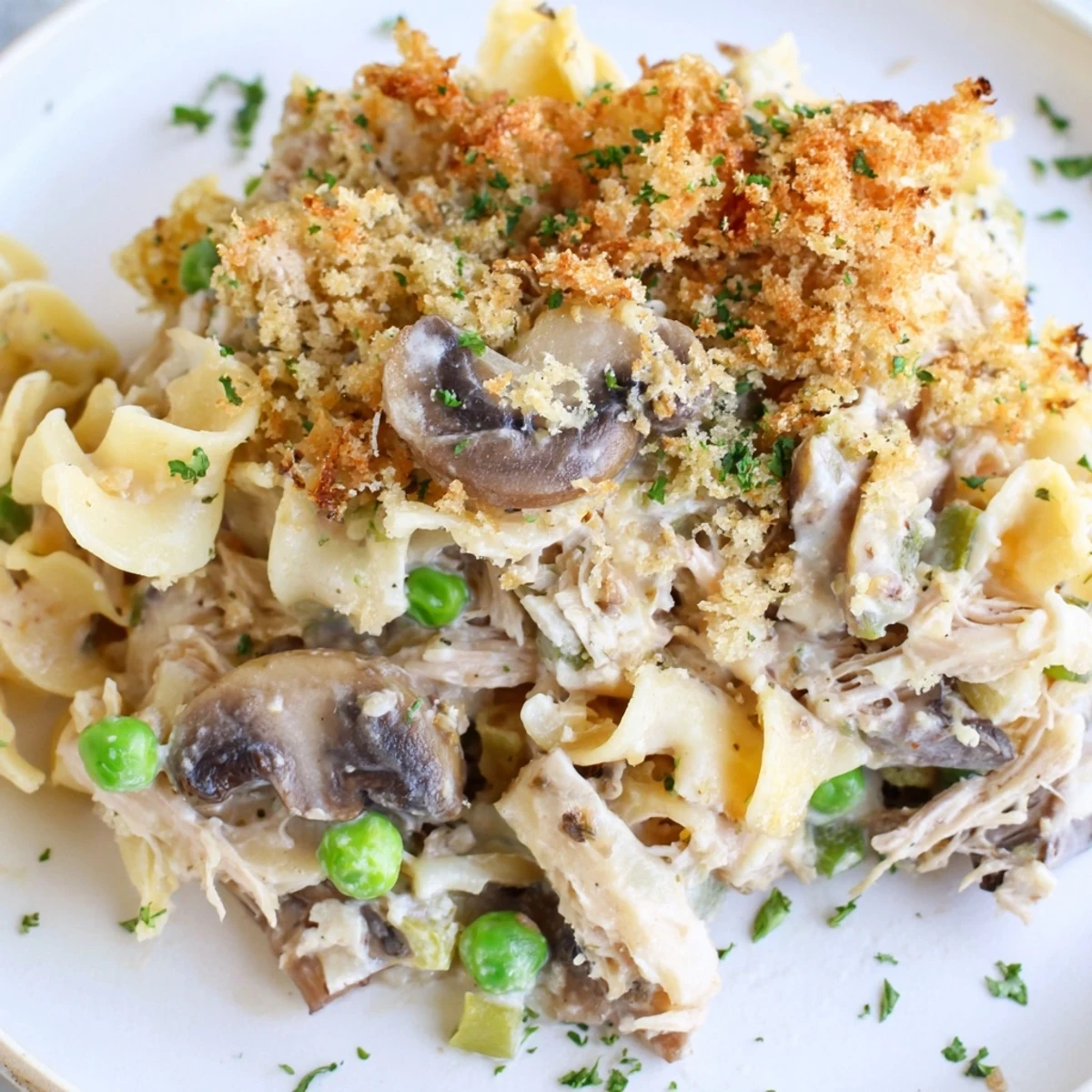Steaming hot Tuna Noodle Casserole 2.0 with a golden, crispy topping, ready to serve.