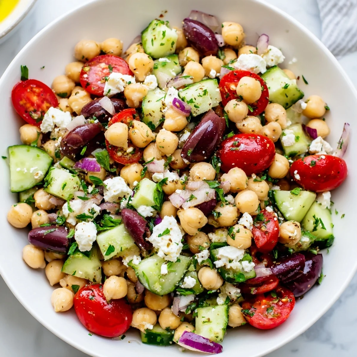 Bright and colorful Mediterranean Chickpea Salad, featuring creamy feta cheese and zesty lemon dressing.