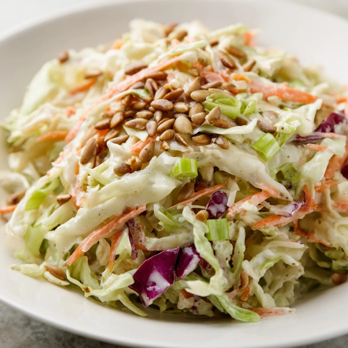 Vibrant crunchy coleslaw salad, with crisp shredded cabbage and crunchy seeds, ready to serve.