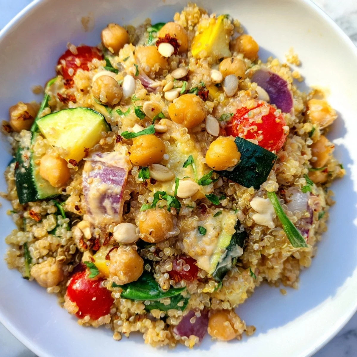A colorful Quinoa Power Protein Salad, showing roasted vegetables with creamy tahini dressing, delicious!