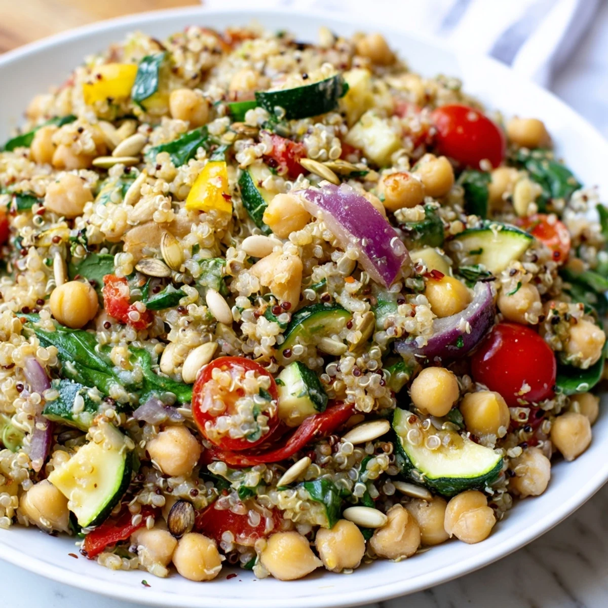 Imagine a close-up of this filling Quinoa Power Protein Salad, ready to be enjoyed as a main dish.