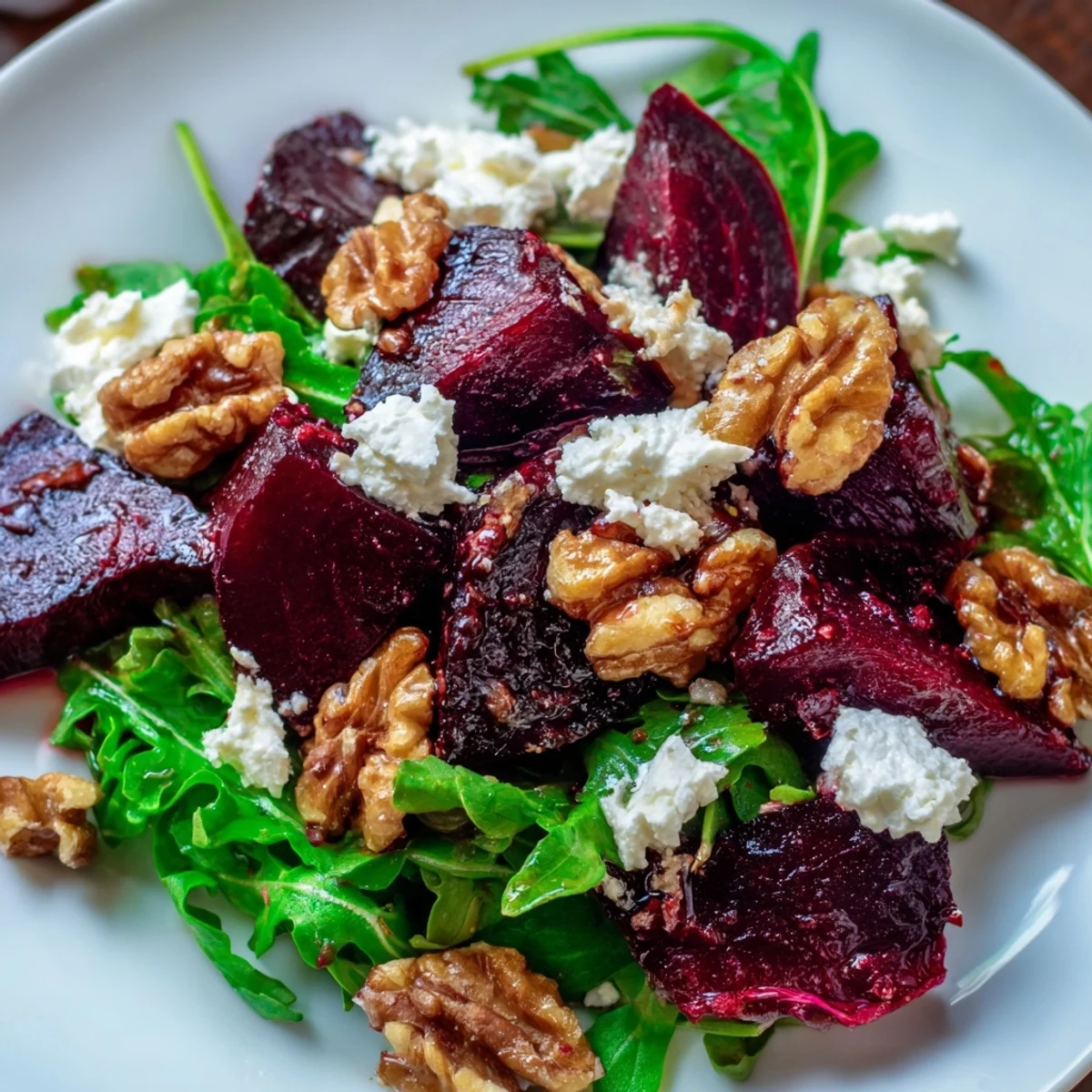 A colorful Roasted Beet Walnut Salad, showcasing roasted beets, walnuts, and creamy goat cheese.