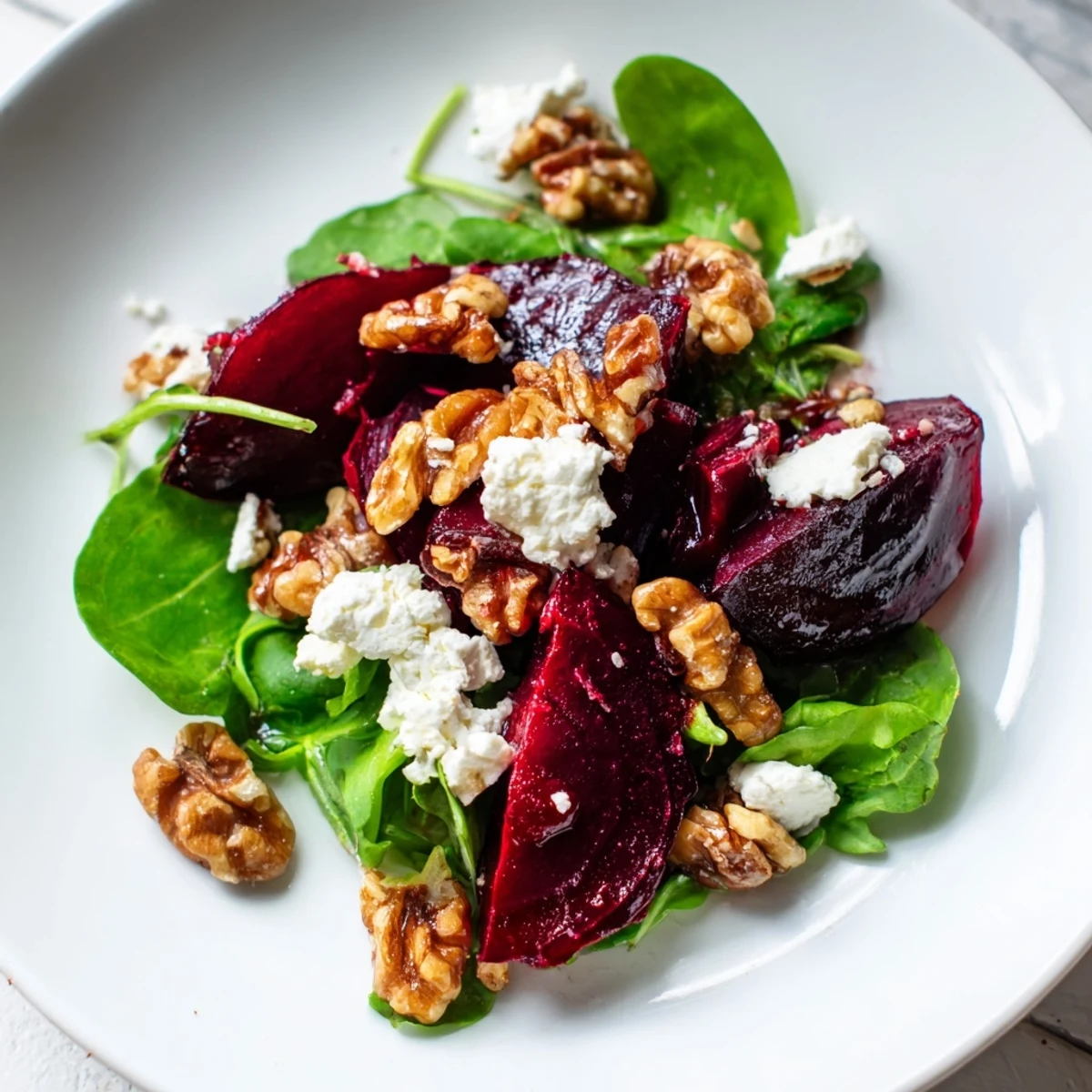 Beautifully plated Roasted Beet Walnut Salad with vibrant beets, candied walnuts, and tangy vinaigrette.
