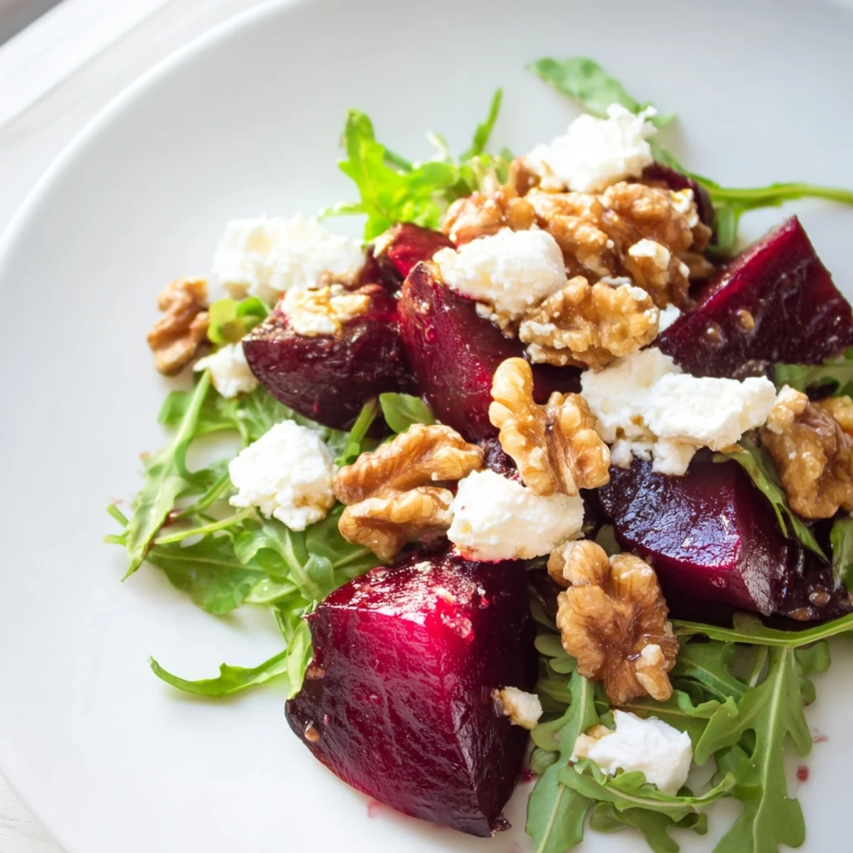 Freshly assembled Roasted Beet Walnut Salad, a perfect vegetarian dish with earthy beets and goat cheese.
