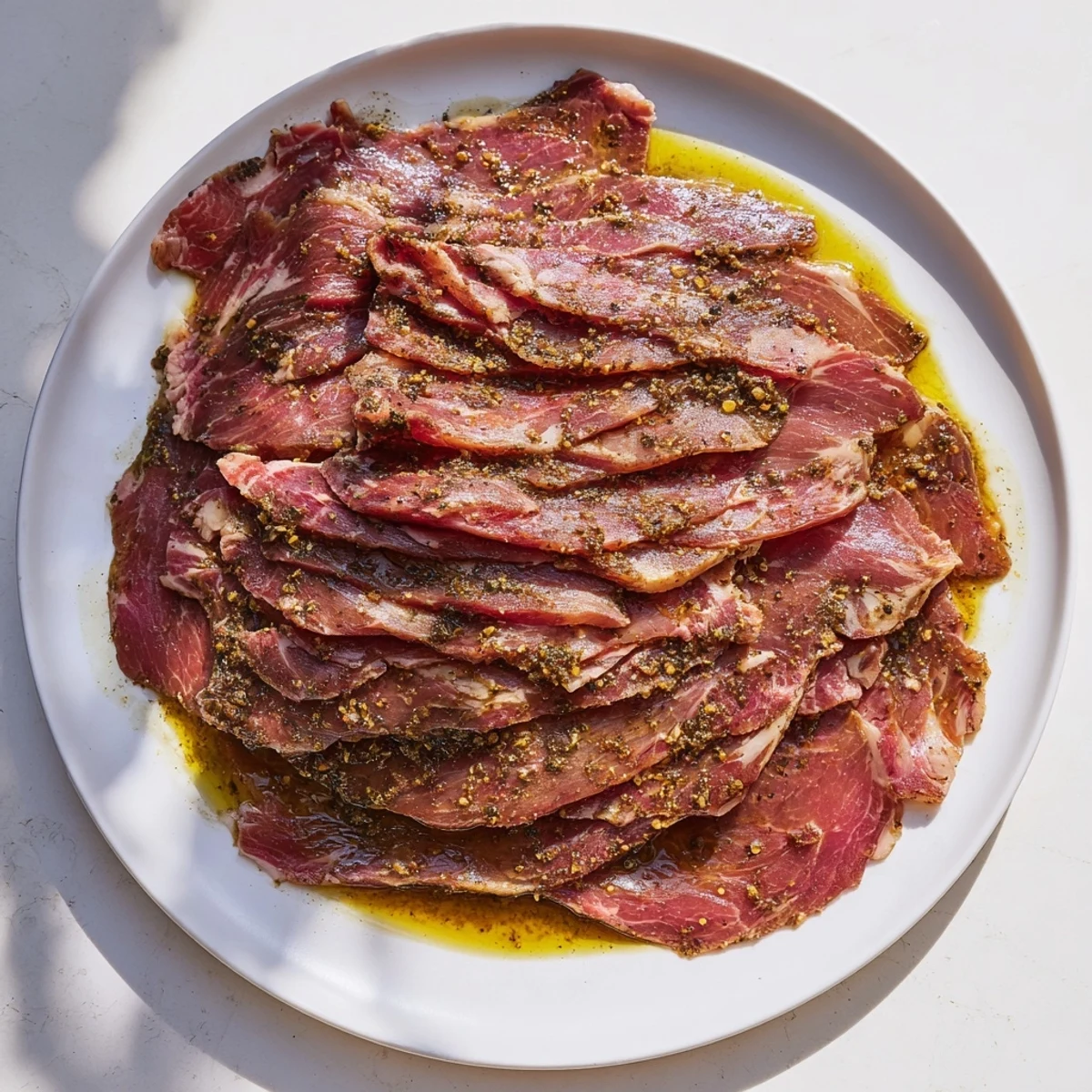 Close-up of freshly sliced Turkish Döner Meat, revealing tender layers of seasoned and spiced meat.