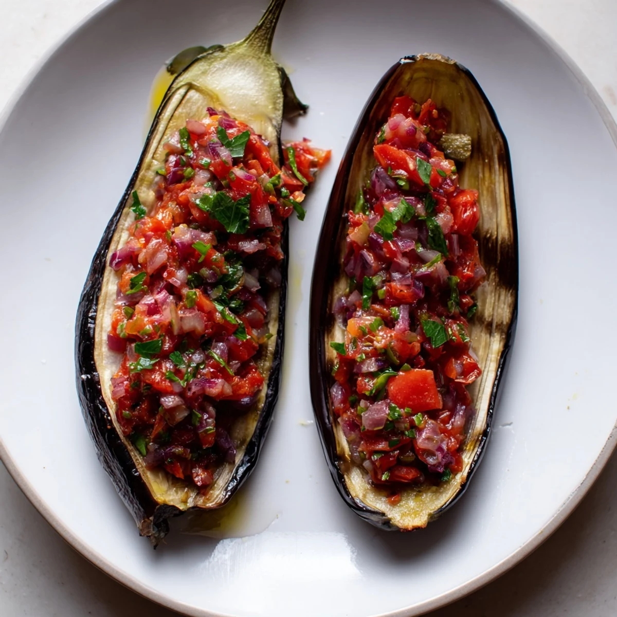 Golden-brown Imam Bayildi, the Turkish eggplant dish, filled with a vibrant tomato and onion mixture.