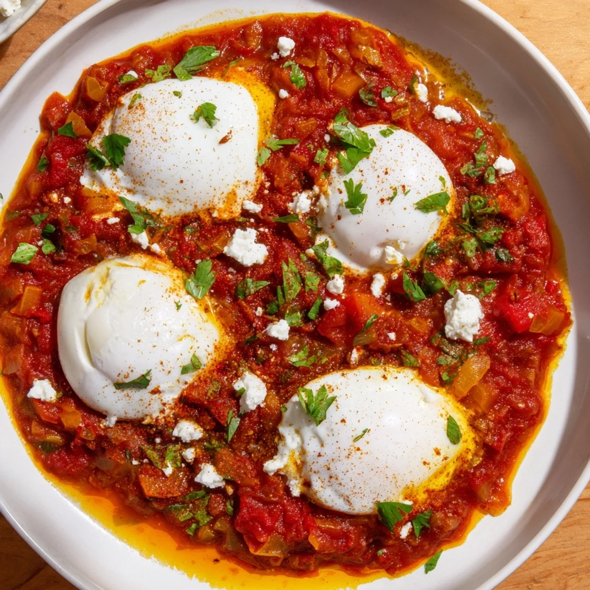 Israeli Shakshuka eggs bubbling in a cast iron skillet with vibrant red tomato sauce.