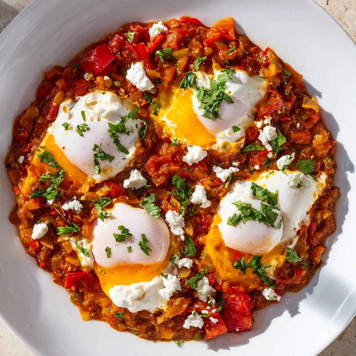 Fresh parsley and feta garnish the perfectly poached eggs in this flavorful Israeli Shakshuka.