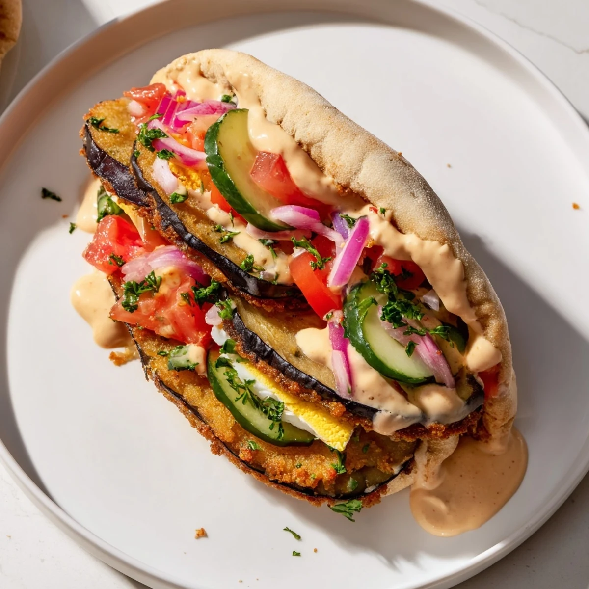 Crispy fried eggplant and creamy tahini star in this delicious Israeli Sabich sandwich.
