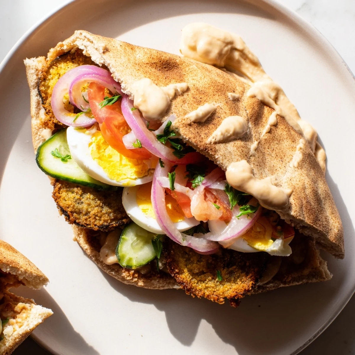 Enjoy a flavorful Israeli Sabich, showcasing a warm pita filled with fresh Israeli salad.