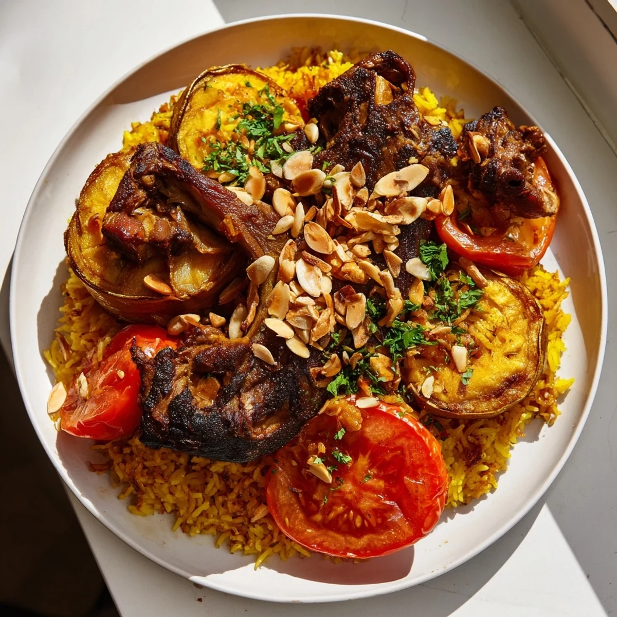 A perfectly flipped Maqluba showing flavorful layers of rice and vegetables with tender lamb.