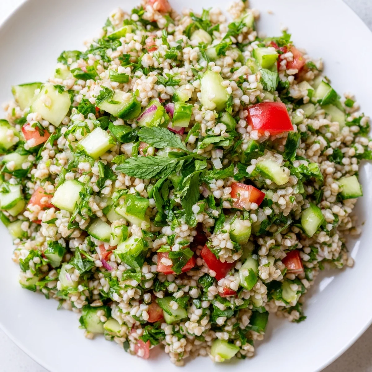 Freshly chopped parsley and diced tomatoes tossed with fluffy bulgur wheat salad tabbouleh in a rustic white bowl.