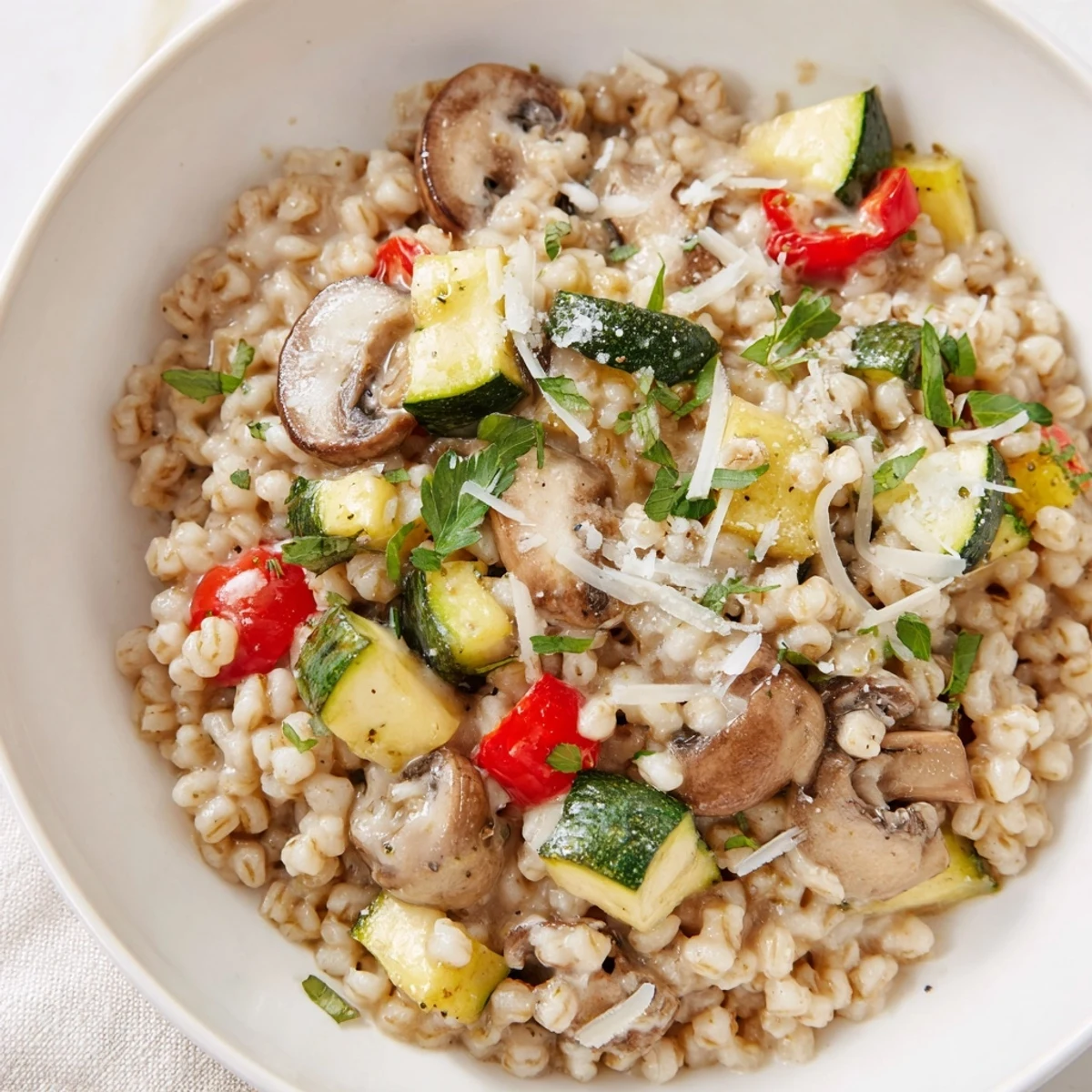 A comforting bowl of Pearled Barley Creamy Bowl topped with golden roasted vegetables, fresh parsley, and a drizzle of olive oil.  