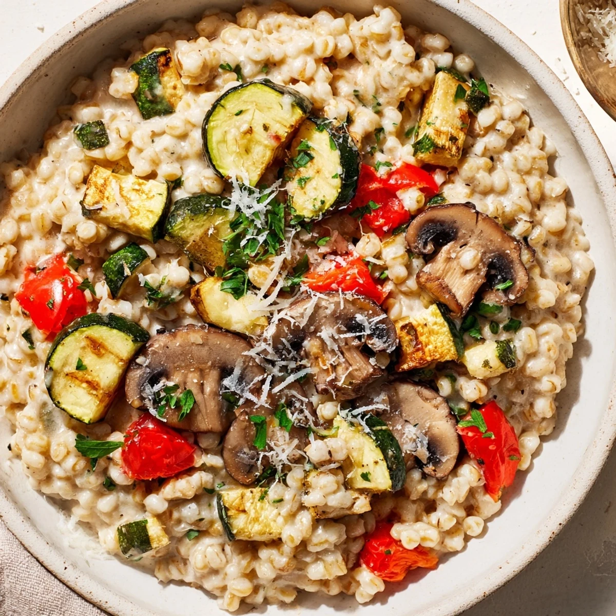 Close-up of Pearled Barley Creamy Bowl showing creamy texture and colorful roasted zucchini, bell peppers, and mushrooms.  
