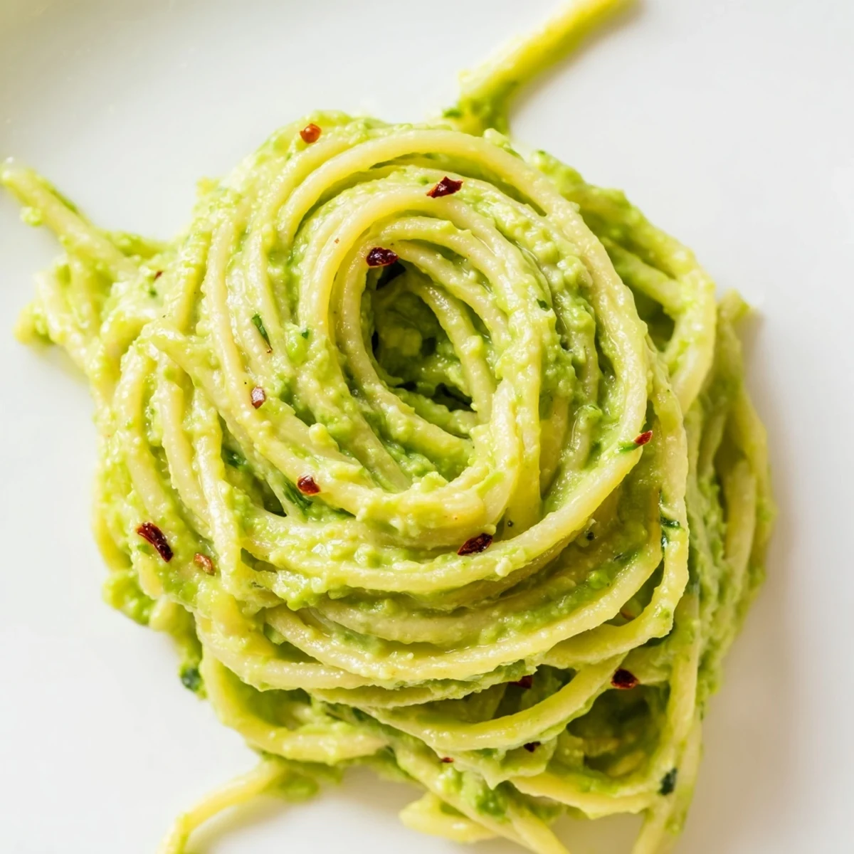 Creamy Smashed Avocado Pasta with fresh lime zest and chili flakes garnished with basil.