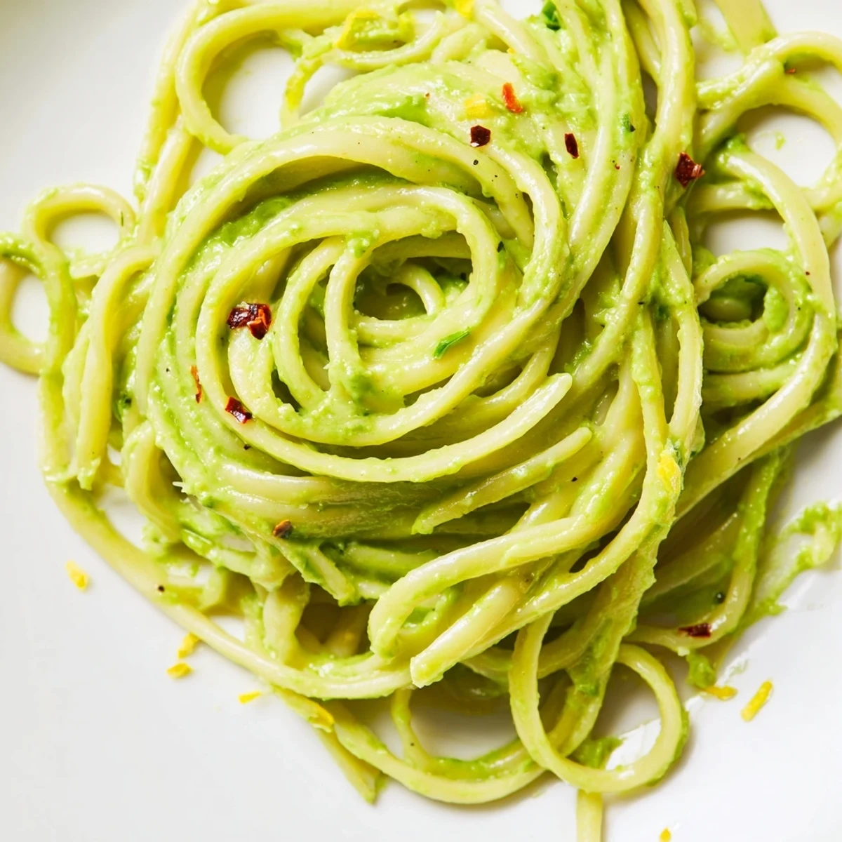 Twirling spaghetti coated in vibrant avocado sauce, a zesty, satisfying vegetarian main dish.