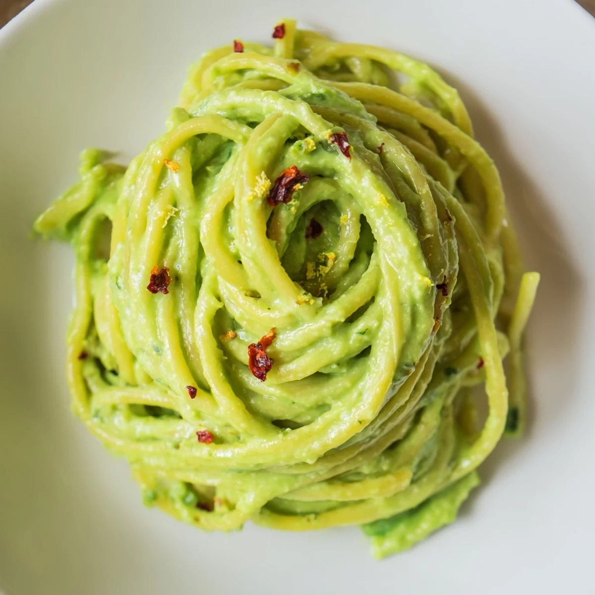 Smashed Avocado Pasta served with lime wedges, fresh basil, and a sprinkle of Parmesan.