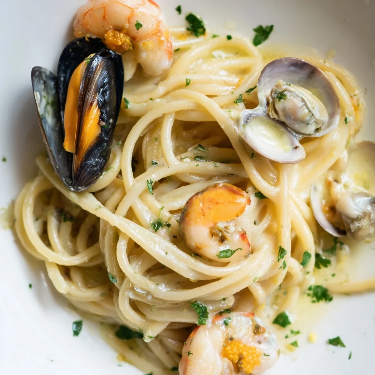 Fragrant garlic and white wine Seafood Linguine with tender shrimp, clams, and mussels tossed in olive oil, ready to serve.