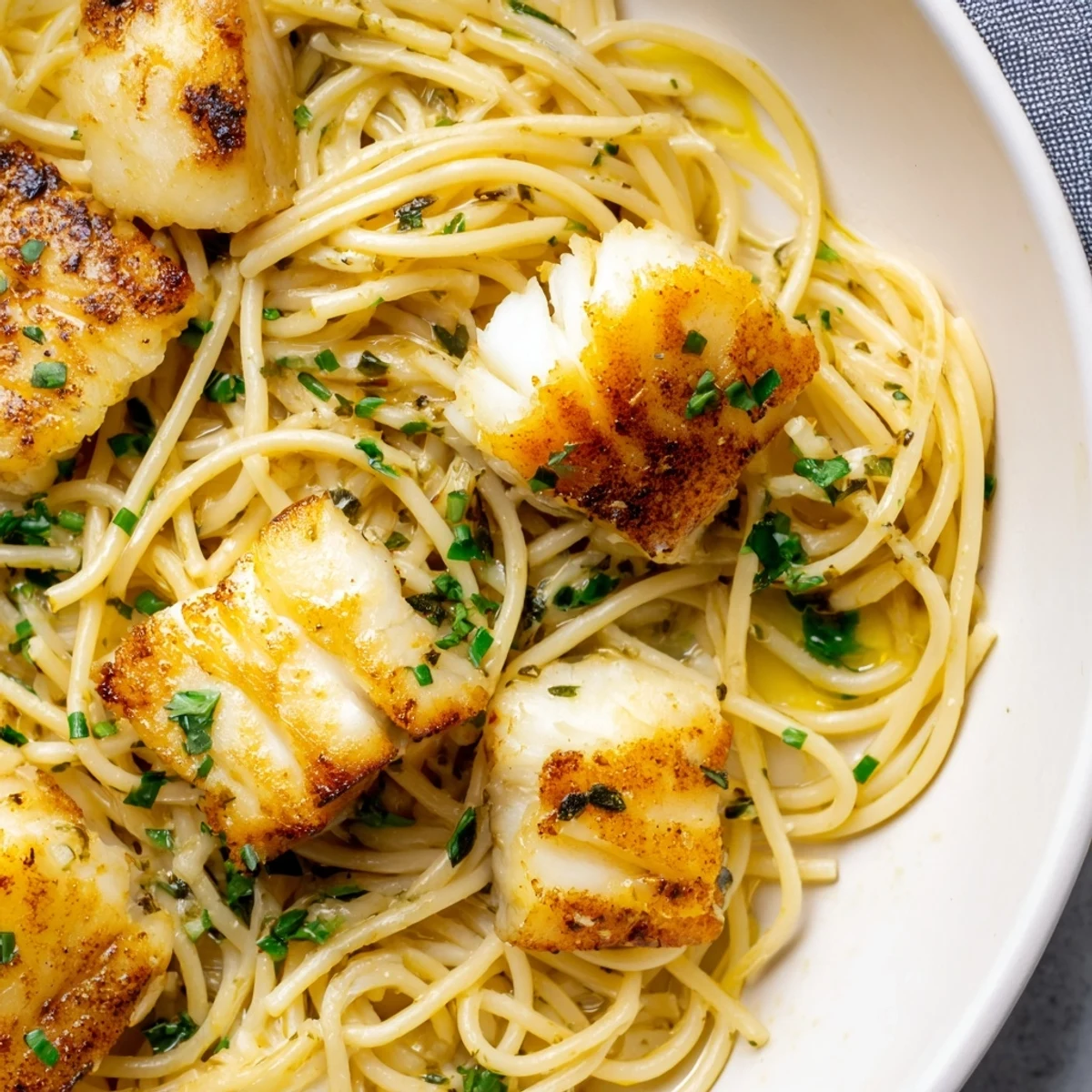 Golden, crispy fish flakes tossed with al dente spaghetti and fresh lemon herbs in a Mediterranean-style meal.  