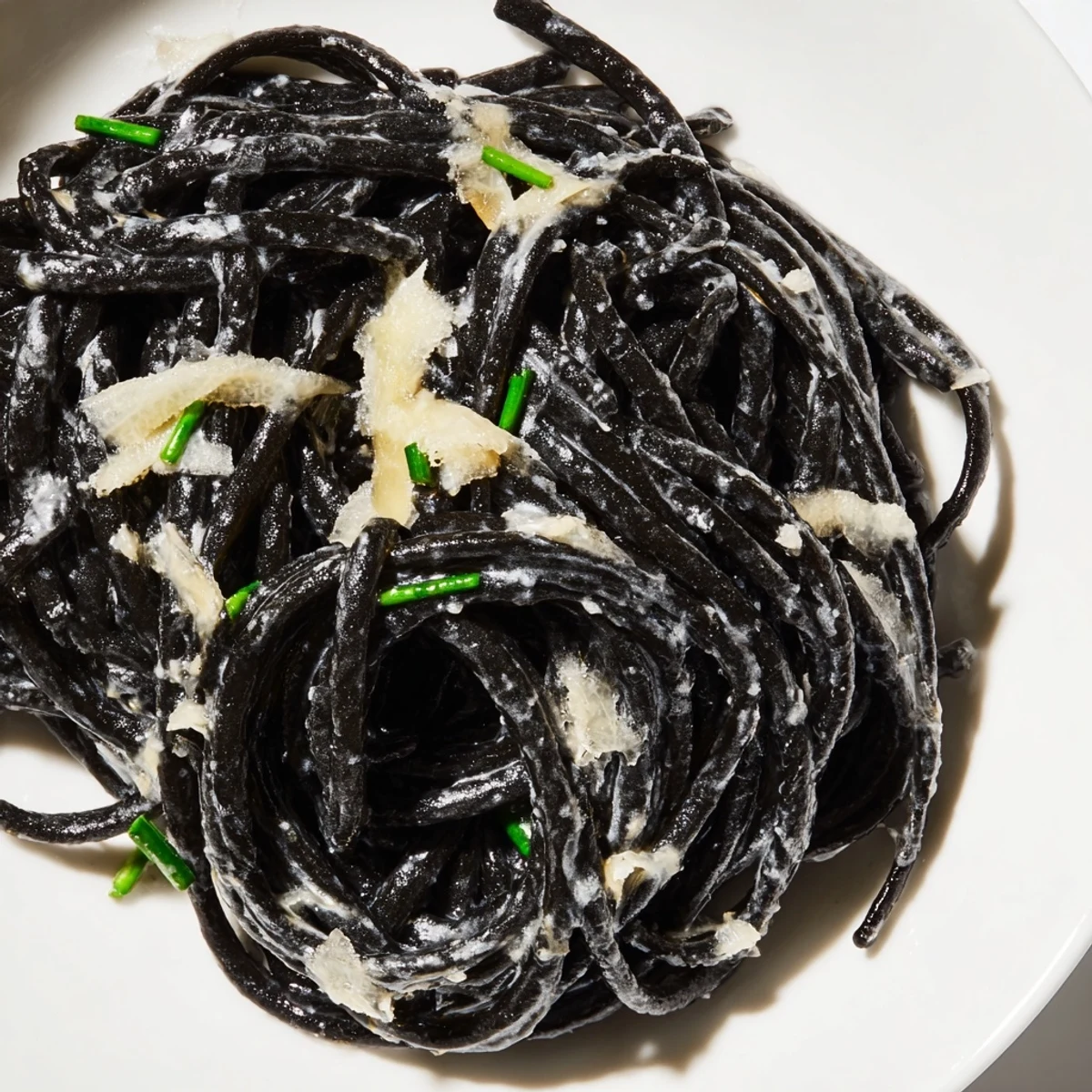 Close-up of Squid Ink Pasta Dramatic twirled on a fork, coated in silky cream sauce with visible lemon zest and fresh chives, perfect for a dinner party.
