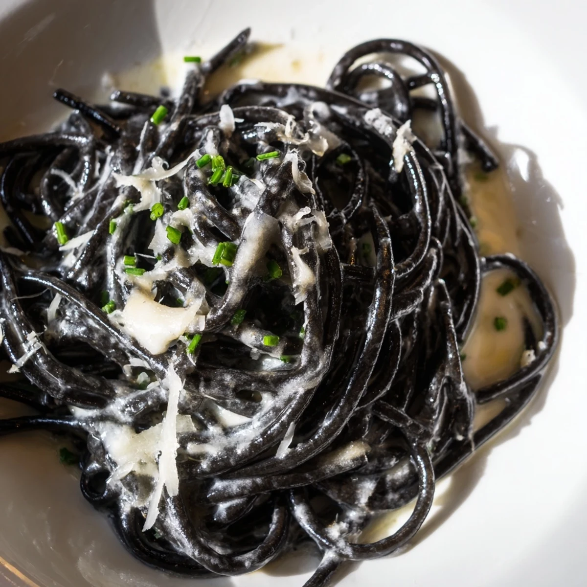 Squid Ink Pasta Dramatic tossed in a rich cream sauce with steam rising, ready to be served from a rustic skillet for a cozy gourmet meal.