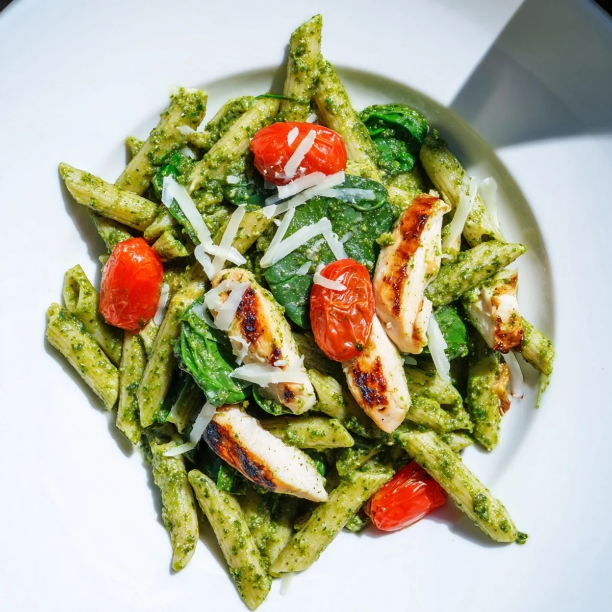 A close-up of Pesto Chicken Pasta with juicy grilled chicken slices, al dente penne, and melted Parmesan on a rustic wooden table.