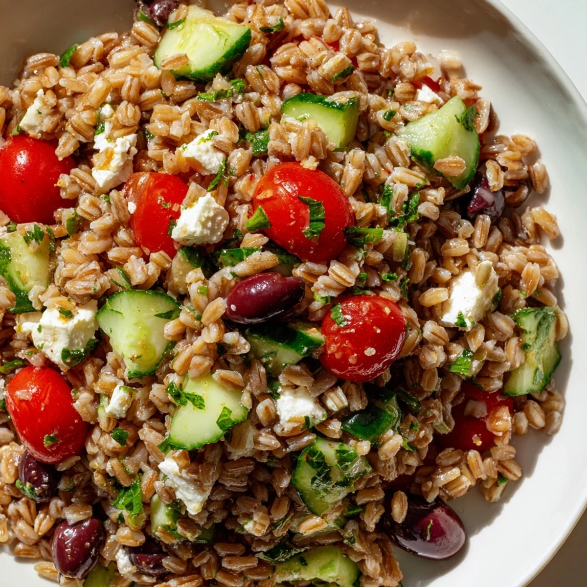 Colorful bowl of Farro Salad Mediterranean with cherry tomatoes, cucumbers, feta, and Kalamata olives.