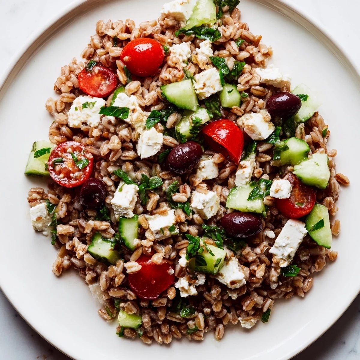 Tossed Farro Salad Mediterranean with zesty lemon-oregano dressing and fresh herbs in a rustic bowl.