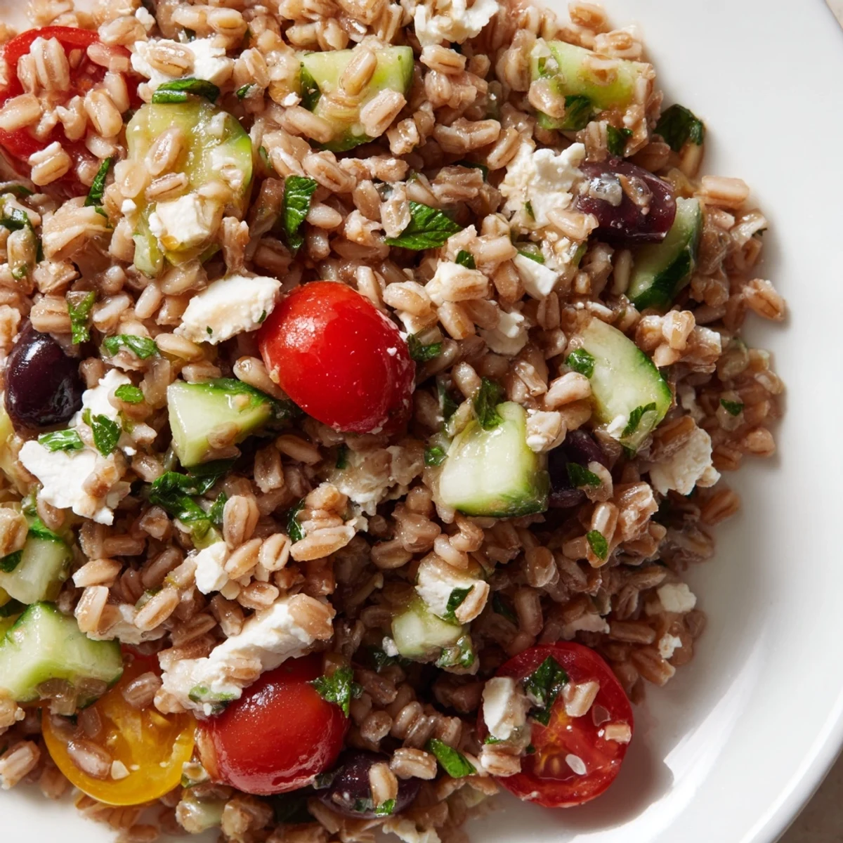 Healthy Farro Salad Mediterranean served as a light lunch, topped with crumbled feta and olives.