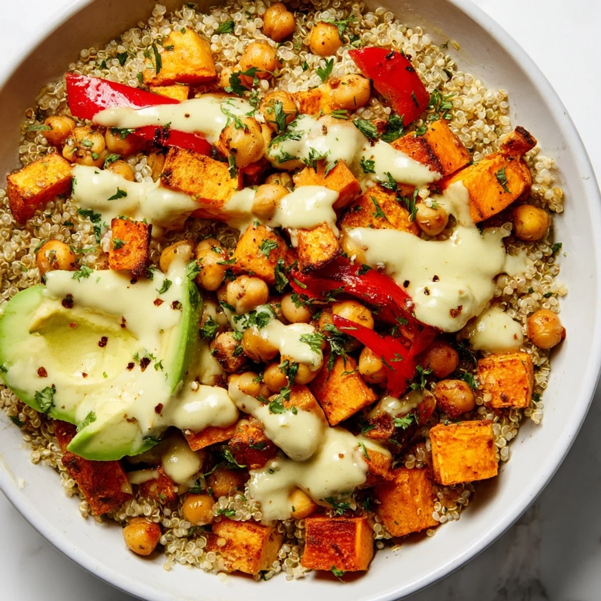 Fluffy quinoa and roasted vegetables piled high in a colorful bowl, drizzled with creamy tahini dressing and topped with chickpeas and avocado slices.