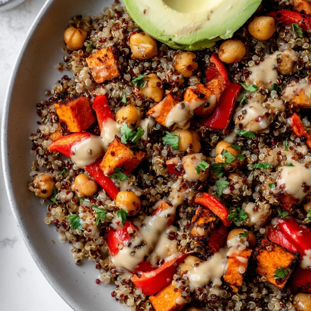 Hearty vegan quinoa Buddha bowl with golden roasted sweet potatoes, broccoli, and red bell peppers, garnished with fresh herbs and crunchy pumpkin seeds.