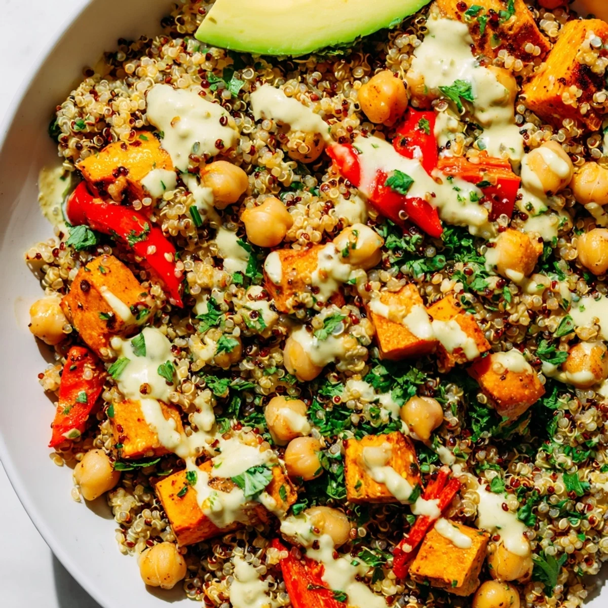 A vibrant plant-based quinoa Buddha bowl featuring tender legumes, zesty tahini drizzle, and avocado, perfect for an easy, nutritious weeknight dinner.