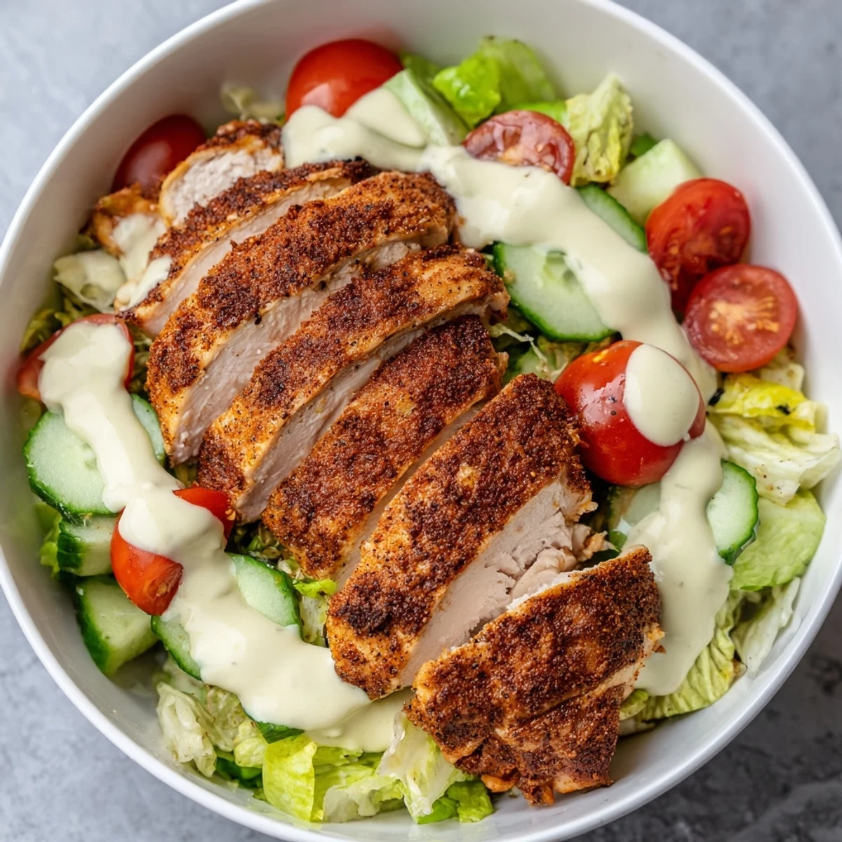 A hearty Chicken Shawarma Salad Bowl with juicy marinated chicken over crisp greens, red onion, and parsley for lunch.  
