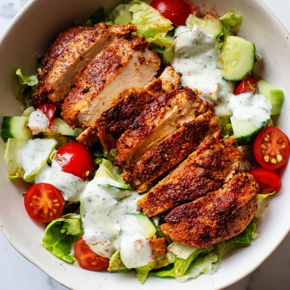 Vibrant Chicken Shawarma Salad Bowl topped with spiced grilled chicken, fresh tomatoes, cucumbers, and a creamy garlic sauce.  