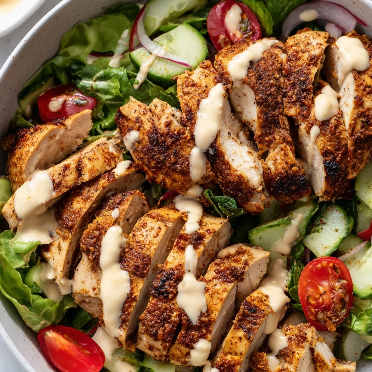 Gluten-free Chicken Shawarma Salad Bowl featuring golden chicken, crunchy vegetables, and a zesty, tangy garlic yogurt drizzle.