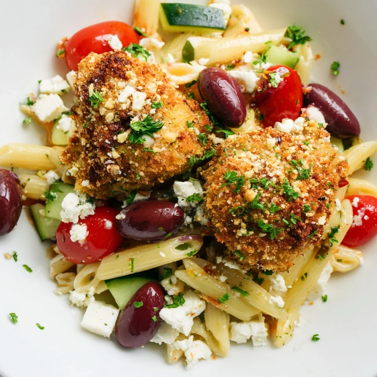 Freshly tossed Greek pasta salad with tender short noodles, juicy vegetables, and savory crispy chicken for a Mediterranean-inspired main dish.