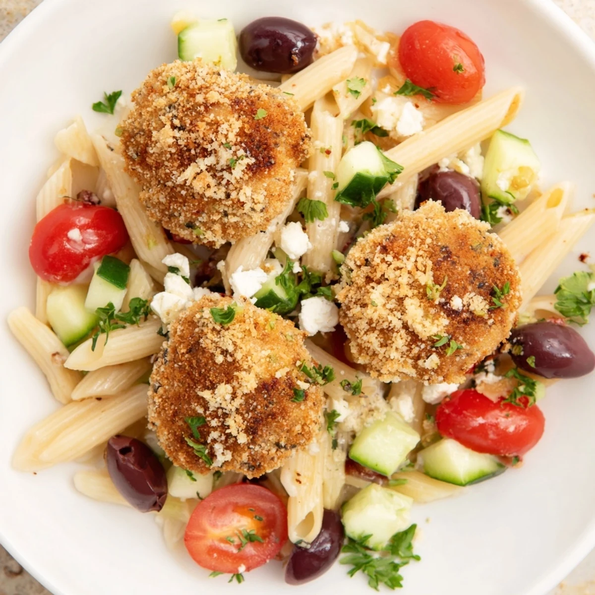 A close-up of crispy chicken bites and Greek salad pasta tossed with Kalamata olives and zesty red wine vinaigrette.