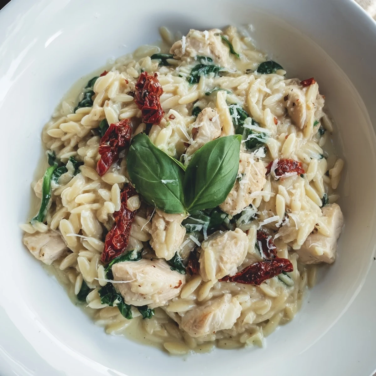 Golden Tuscan Chicken Orzo simmering in a creamy sauce with wilted spinach and sun-dried tomatoes in a skillet.  
