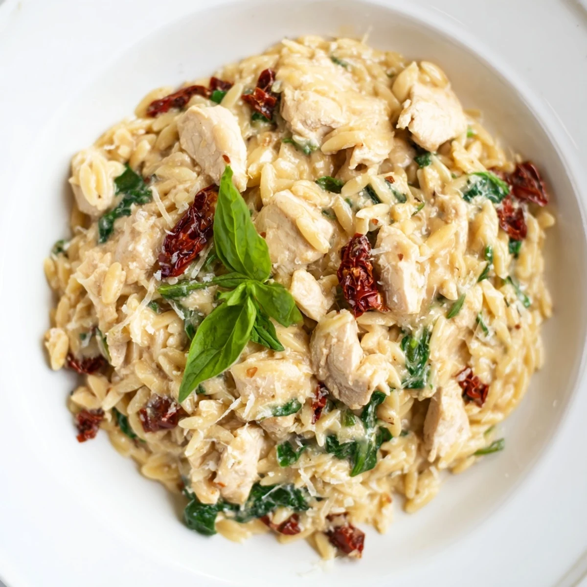 Steaming Tuscan Chicken Orzo with tender chicken pieces, garlic, and fresh basil garnish, served on a white plate.  