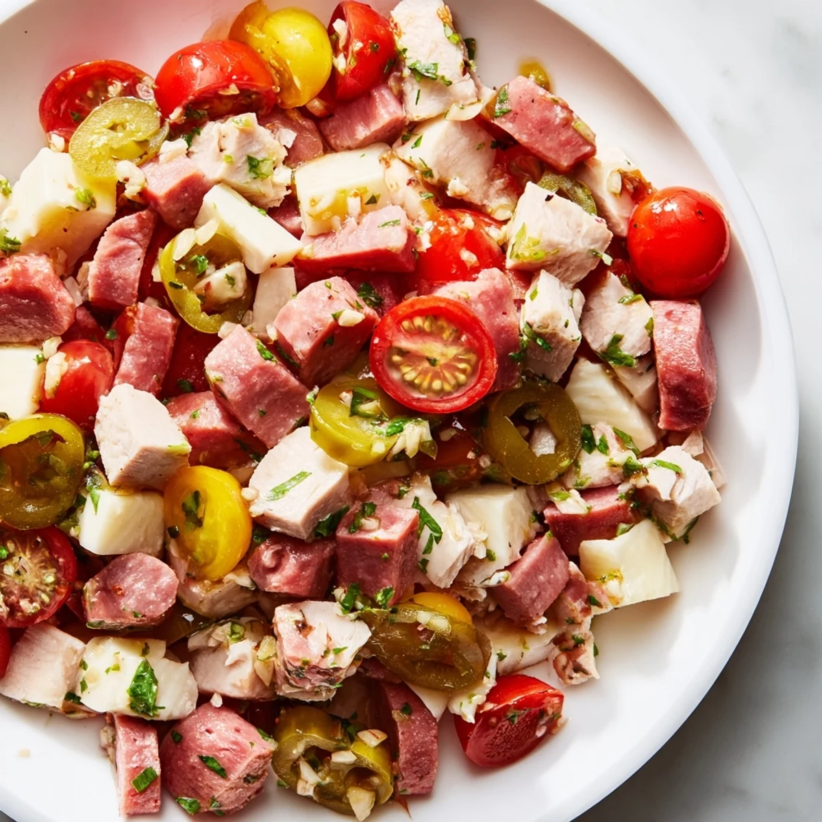 Freshly chopped Italian Deli Chopped Chicken Salad with creamy provolone, zesty salami, and a tangy herb dressing.