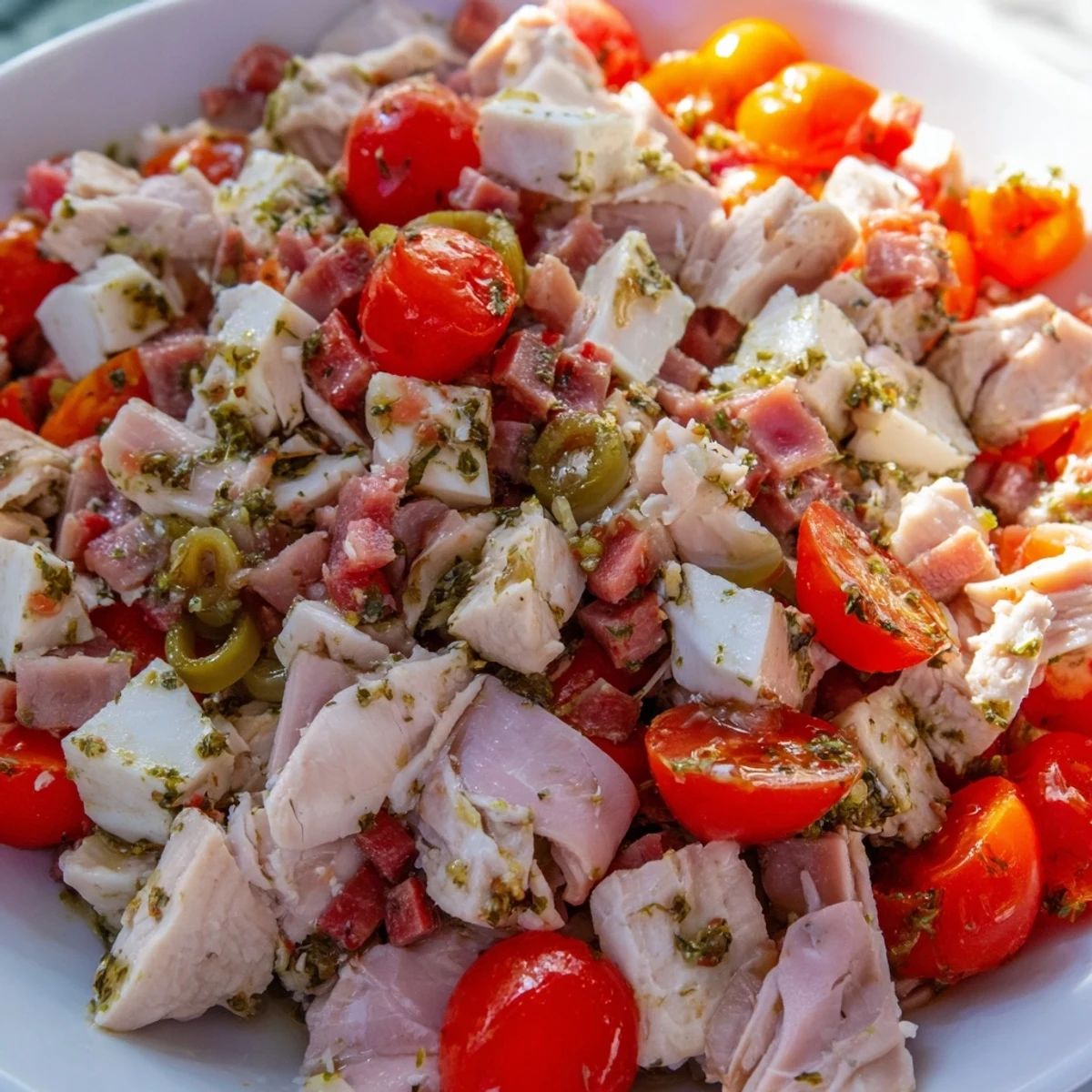 Hearty Italian Deli Chopped Chicken Salad tossed with crunchy vegetables and savory Italian meats, ready to serve.