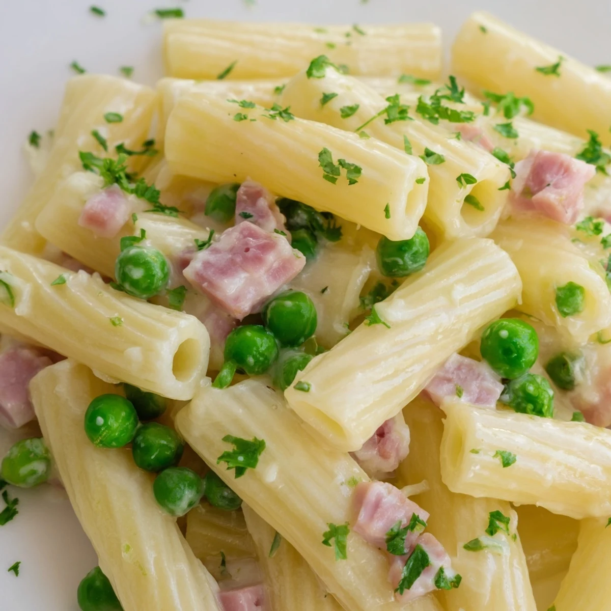 Creamy Spring Pea & Ham Pasta with penne, tender peas, and diced ham, served steaming in a ceramic bowl.