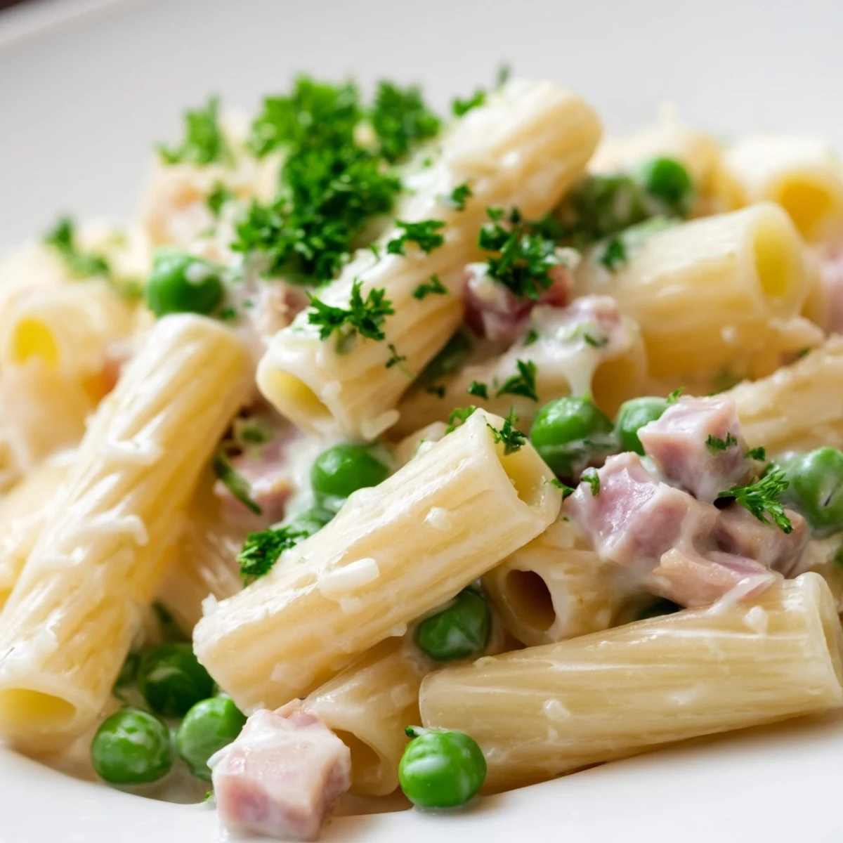 Spring Pea & Ham Pasta plated next to a glass of white wine, ideal for an easy March dinner.
